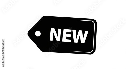 A black price tag with the word NEW in white, isolated on a simple background, viewed from directly above