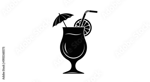 Silhouette of a tropical cocktail with umbrella and straw.