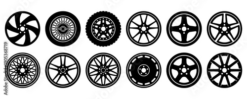 Car Rim and Wheel Icon Set Featuring Diverse Alloy and Steel Designs for Automotive and Transport Industry Graphics