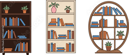 Wooden bookshelf furniture collection with books and potted plants isolated on white background home interior cartoon vector illustration set