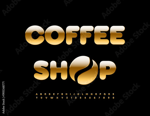 Vector Chic signboard Coffee Shop with Decorative Bean. Golden Upscale Font. Luxury Alphabet Letters and Numbers set