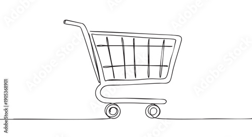 Minimalist continuous line drawing of a shopping cart, depicted with a single flowing black stroke on a bright, clean surface, conveying simplicity and modern design