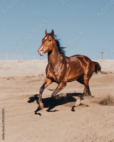 Brown Thoroughbred Horse Galloping on a Dirt Track at High Speed for Equestrian Sports Promotion and Advertising Background with Clear Blue Sky and Copy Space