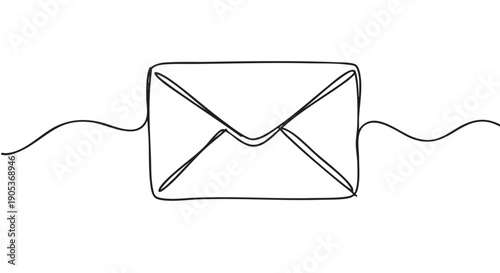 Minimalist continuous line drawing of an envelope, rendered with a single flowing black stroke and wavy extensions, conveying simplicity and connection