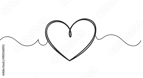 Continuous black hand-drawn line forms a heart shape, gracefully extending into elegant wavy lines on both sides, conveying a simple artistic connection