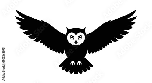 Silhouette of an owl in flight with wings spread wide.