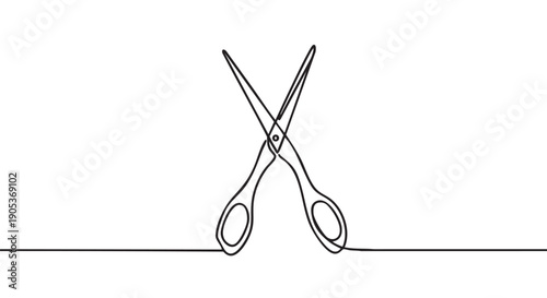 Minimalist continuous line drawing of open scissors, elegantly crossed to form an 'X' shape, with the single black stroke extending horizontally