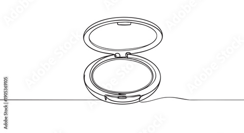 Open compact powder case is depicted in a minimalist continuous line art style, showcasing its elegant form with a single flowing black line on a clean white canvas