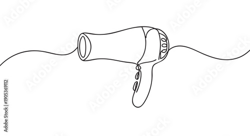 Minimalist continuous line drawing of a hair dryer with a flowing power cord, rendered in clean black lines against a bright white, creating a simple, elegant graphic illustration