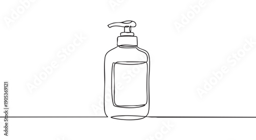Minimalist continuous line drawing of a pump bottle with a dispenser, showcasing a clean and simple artistic style with a single black line
