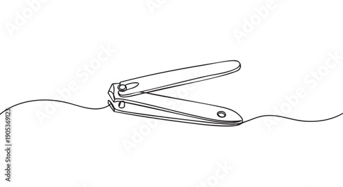 Minimalist continuous line art drawing of a nail clipper, depicted with clean black lines and a simple, elegant style, showcasing personal grooming tools