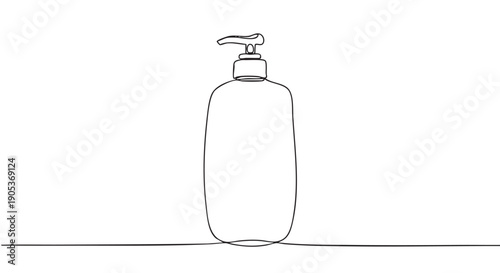 Minimalist continuous line drawing of a pump bottle, typically used for liquid soap or lotion, rendered with a clean, elegant, and modern artistic style