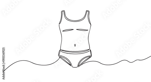 Minimalist continuous line drawing of a swimsuit or tank top and briefs set, rendered with a fluid, artistic stroke, embodying simplicity and modern design