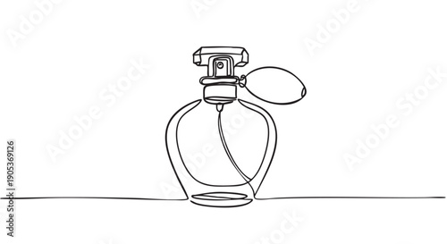 Elegant black line art perfume bottle with an atomizer bulb is depicted in a minimalist continuous drawing style, conveying a sense of luxury and simplicity