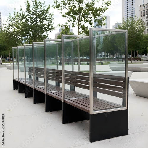 Public Bench Divided by Glass Panels
Description: Seating impossible to share.