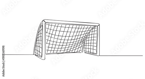 Simple continuous line drawing of a soccer goal with a net, rendered in a minimalist black-and-white illustration style, capturing the essence of the sport