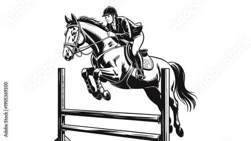 A graceful rider on a powerful horse elegantly clears a tall show jumping hurdle.
