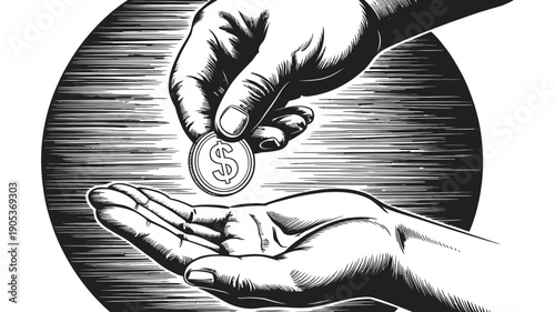 A generous hand gracefully places a small dollar coin into an open receiving palm.