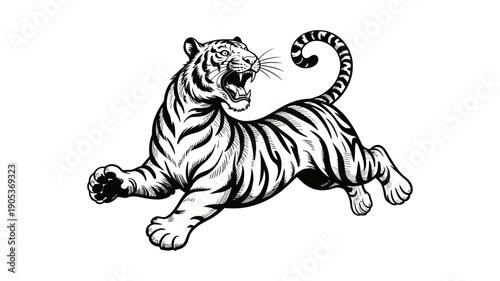 A powerful tiger with an open mouth is aggressively leaping, demonstrating formidable predatory instincts.