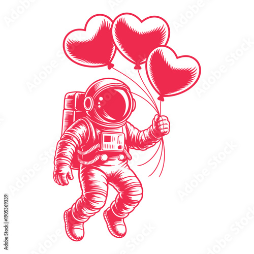 A playful astronaut floats in space, joyfully holding a bunch of vibrant heart balloons.