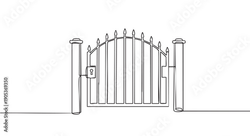 Continuous line drawing of an ornate gate with two sturdy pillars and a small keyhole lock, rendered in a minimalist artistic style