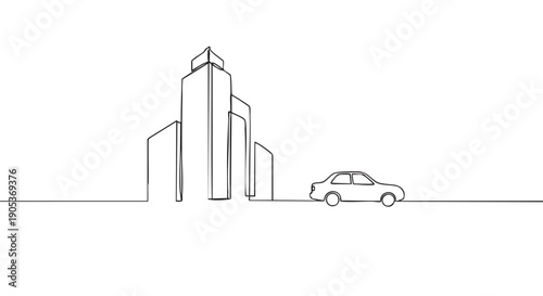 Simple continuous line drawing of a car driving along a road with modern city buildings in the distance, rendered in a minimalist artistic style