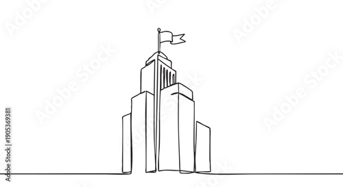 Continuous line drawing of a tall building with a flag on its peak, symbolizing success, ambition, and reaching new heights in a minimalist art style