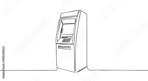Minimalist continuous line drawing of an ATM, depicting modern financial technology and banking services with a clean, artistic style