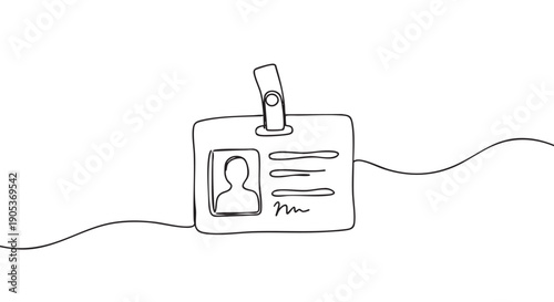 Minimalist continuous line drawing of an ID card with a clip, featuring a simple silhouette and text lines, rendered in a clean, modern, and artistic doodle style