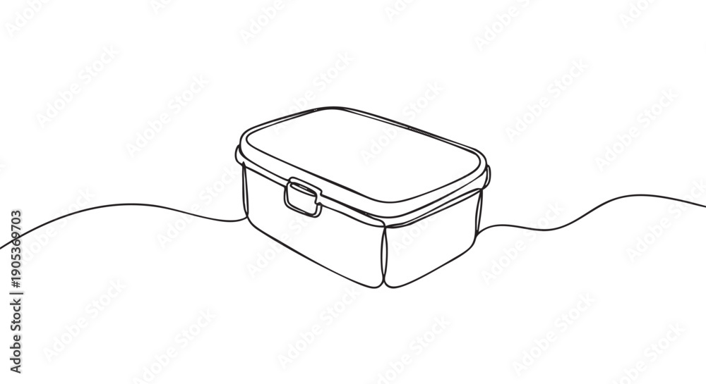 Obraz premium Simple continuous line drawing of a rectangular lunch box with a secure clasp, presented in a clean, minimalist artistic style on a bright surface