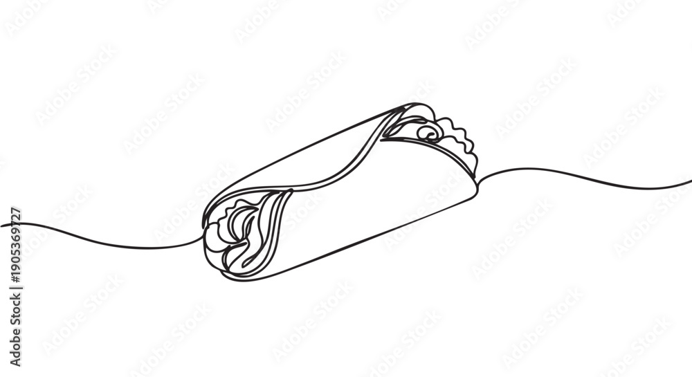 Fototapeta premium Minimalist continuous line drawing of a delicious burrito, showcasing its rolled form with visible filling details in a simple, elegant artistic style
