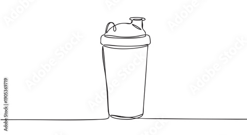 Single continuous line drawing of a protein shaker bottle, rendered in a minimalist artistic style with a sleek and modern aesthetic, conveying simplicity and fitness