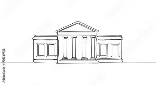 Continuous line drawing of a classical building with prominent columns and a triangular pediment, rendered in a minimalist black and white artistic style
