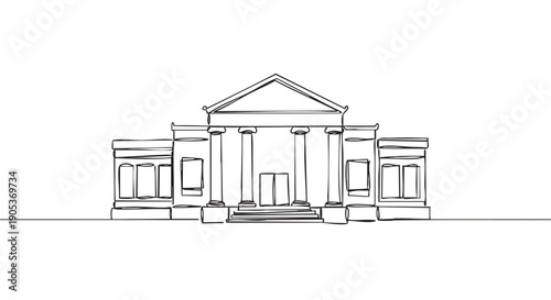 Simple continuous line drawing of a classical building featuring prominent columns, a triangular pediment, and grand steps, rendered in a minimalist artistic style