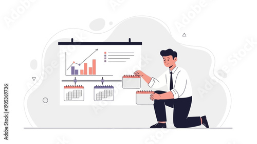 Man planning strategy with calendar and business graph