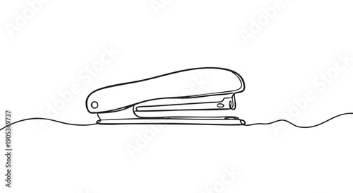 Minimalist continuous line art stapler is elegantly drawn with a single flowing black stroke, creating a simple and clean illustration on a bright canvas