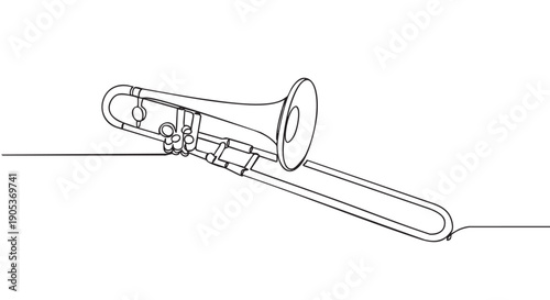 Continuous single line art drawing of a trombone, a classic brass musical instrument, rendered with elegant simplicity and a minimalist aesthetic, highlighting its distinctive form