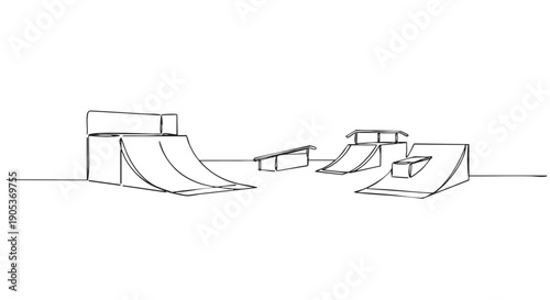 Continuous line drawing of various skatepark obstacles including ramps, ledges, and rails, rendered in a minimalist artistic style with clean black lines