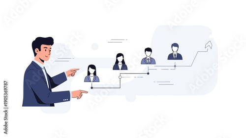 Man pointing at career path with business people icons on steps