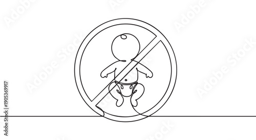 Continuous line drawing of a baby prohibition sign, symbolizing restrictions or a ban on infants with a minimalist artistic style