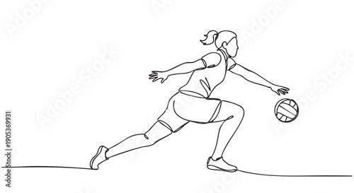 Dynamic continuous line art illustration depicts a female athlete dribbling a ball with energy and focus, showcasing athletic movement in a minimalist style