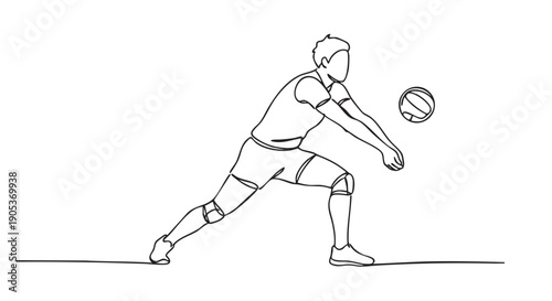 Continuous line art male volleyball player is actively performing an underhand pass with a ball, depicted in a dynamic, minimalist illustration style