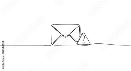 Continuous line drawing of an email envelope icon and a warning exclamation mark, symbolizing important messages, errors, or notifications in a minimalist, hand-drawn style