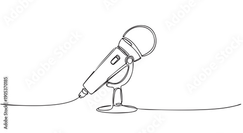 Single continuous line art microphone on a stand with a cable, rendered in a minimalist black and white illustration style, conveying simplicity and elegance