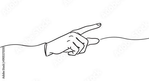 Minimalist continuous line art hand pointing forward with its index finger, rendered in a simple, elegant black and white illustration style