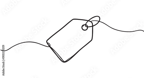 Minimalist continuous line drawing of a blank price tag with a hole and a wavy string extending horizontally, rendered in a simple, artistic black outline