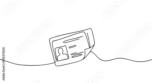 Continuous line drawing of an identification card featuring a profile icon and text lines, rendered in a minimalist black and white illustration style