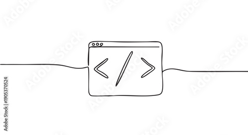 Continuous line drawing of a browser window displaying a code tag symbol, rendered in a minimalist hand-drawn style with a clean aesthetic