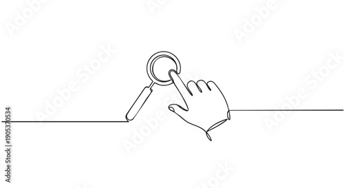 Continuous line drawing features a magnifying glass being touched by an index finger, symbolizing search, discovery, and interaction in a minimalist art style