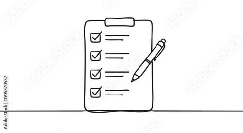 Hand-drawn clipboard with a checklist and pen, featuring four completed tasks with checkmarks, rendered in a simple, clean line art style